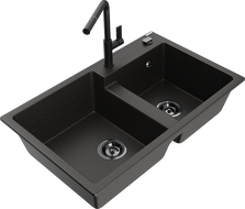 Mexen Tomas dřez granitový 2-komorový s kuchyňskou baterií Flora, černý/zlatý metalik - 6516-75-670401-70-B