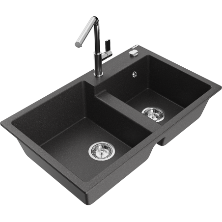Mexen Tomas granitový dřez 2-komorový s kuchyňskou baterií Flora, černý skvrnitý - 6516-76-670401-00