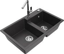 Mexen Tomas granitový dřez 2-komorový s kuchyňskou baterií Flora, černý skvrnitý - 6516-76-670401-00