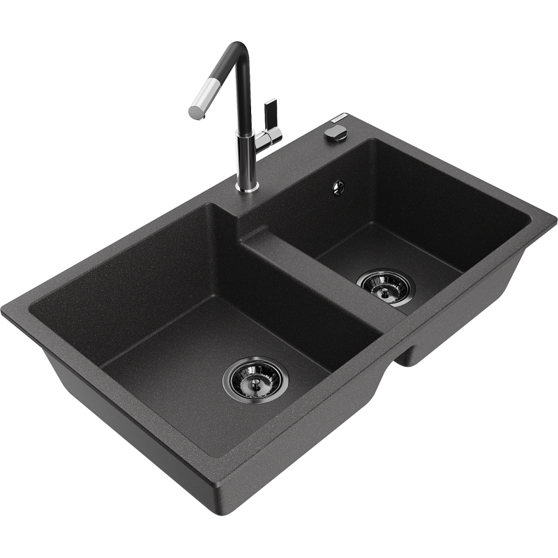 Mexen Tomas žulový dřez s 2 komorami a kuchyňskou baterií Flora, černý s tečkami - 6516-76-670401-07-B