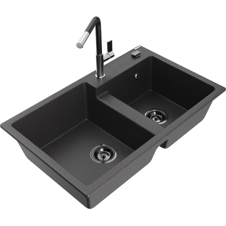 Mexen Tomas žulový dřez s 2 komorami a kuchyňskou baterií Flora, černý s tečkami - 6516-76-670401-07-B