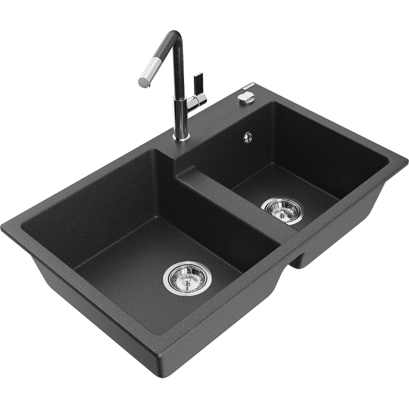 Mexen Tomas žulový dřez s 2 komorami a kuchyňskou baterií Flora, černý se skvrnami - 6516-76-670401-08