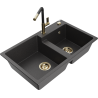 Mexen Tomas dřez žulový 2-komorový s kuchyňskou baterií Flora, černý skvrnitý - 6516-76-670401-57-G