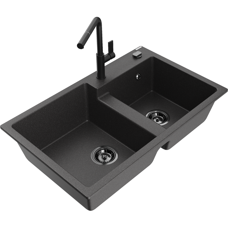 Mexen Tomas žulový dřez dvoukomorový s kuchyňskou baterií Flora, černý skvrnitý - 6516-76-670401-70-B