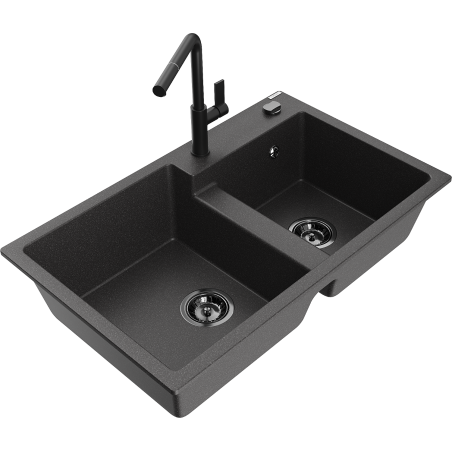 Mexen Tomas žulový dřez dvoukomorový s kuchyňskou baterií Flora, černý skvrnitý - 6516-76-670401-70-B