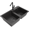 Mexen Tomas žulový dřez dvoukomorový s kuchyňskou baterií Flora, černý skvrnitý - 6516-76-670401-70-B