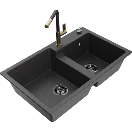 Mexen Tomas dřez granitový 2-komorový s kuchyňskou baterií Flora, černý tečkovaný - 6516-76-670401-75-B