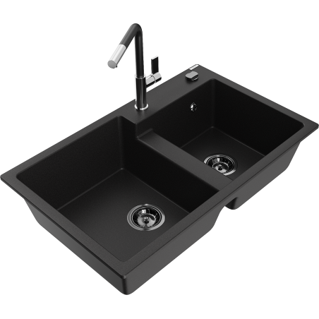 Mexen Tomas žulový dřez 2-komorový s kuchyňskou baterií Flora, černý - 6516-77-670401-07-B