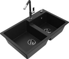 Mexen Tomas žulový dřez 2-komorový s kuchyňskou baterií Flora, černý - 6516-77-670401-07-B