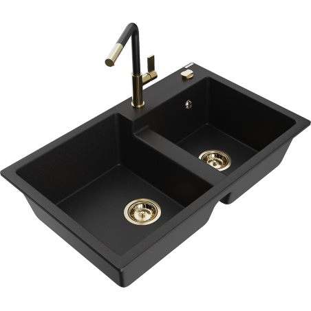 Mexen Tomas granitový dřez 2-komorový s kuchyňskou baterií Flora, černý - 6516-77-670401-57-G