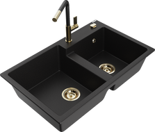 Mexen Tomas granitový dřez 2-komorový s kuchyňskou baterií Flora, černý - 6516-77-670401-57-G