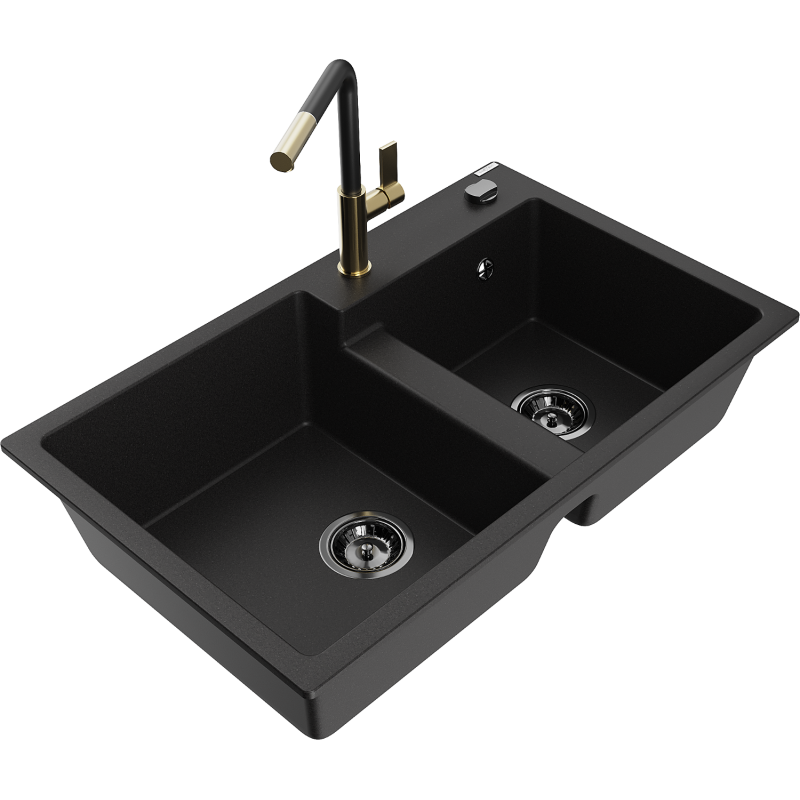 Mexen Tomas dřez granitový dvoukomorový s kuchyňskou baterií Flora, černý - 6516-77-670401-57-B