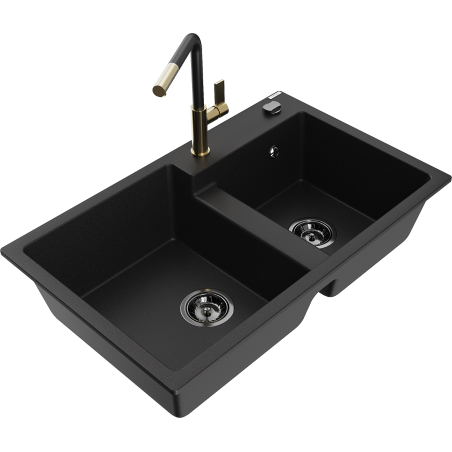 Mexen Tomas dřez granitový dvoukomorový s kuchyňskou baterií Flora, černý - 6516-77-670401-57-B