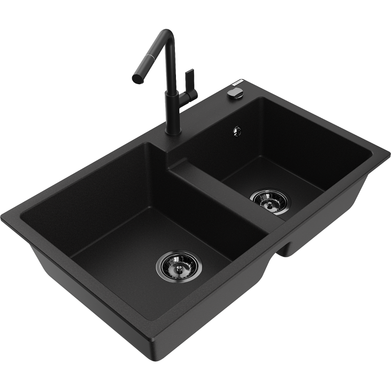 Mexen Tomas žulový dřez s 2 komorami a kuchyňskou baterií Flora, černý - 6516-77-670401-70-B