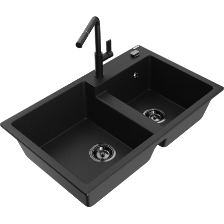 Mexen Tomas žulový dřez s 2 komorami a kuchyňskou baterií Flora, černý - 6516-77-670401-70-B