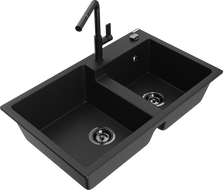 Mexen Tomas žulový dřez s 2 komorami a kuchyňskou baterií Flora, černý - 6516-77-670401-70-B
