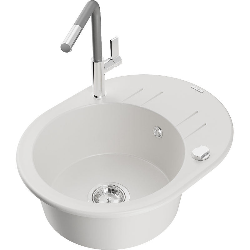 Mexen Kevin granitový dřez 1-komorový s odkapávačem a kuchyňskou baterií Flora, bílý - 6517-20-670401-06