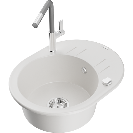 Mexen Kevin granitový dřez 1-komorový s odkapávačem a kuchyňskou baterií Flora, bílý - 6517-20-670401-06