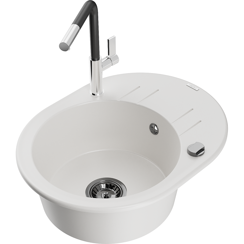 Mexen Kevin granitový dřez 1-komorový s odkapávačem a kuchyňskou baterií Flora, bílý - 6517-20-670401-07-B