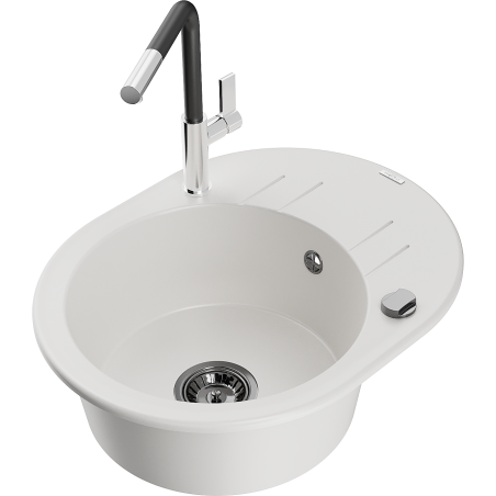 Mexen Kevin granitový dřez 1-komorový s odkapávačem a kuchyňskou baterií Flora, bílý - 6517-20-670401-07-B