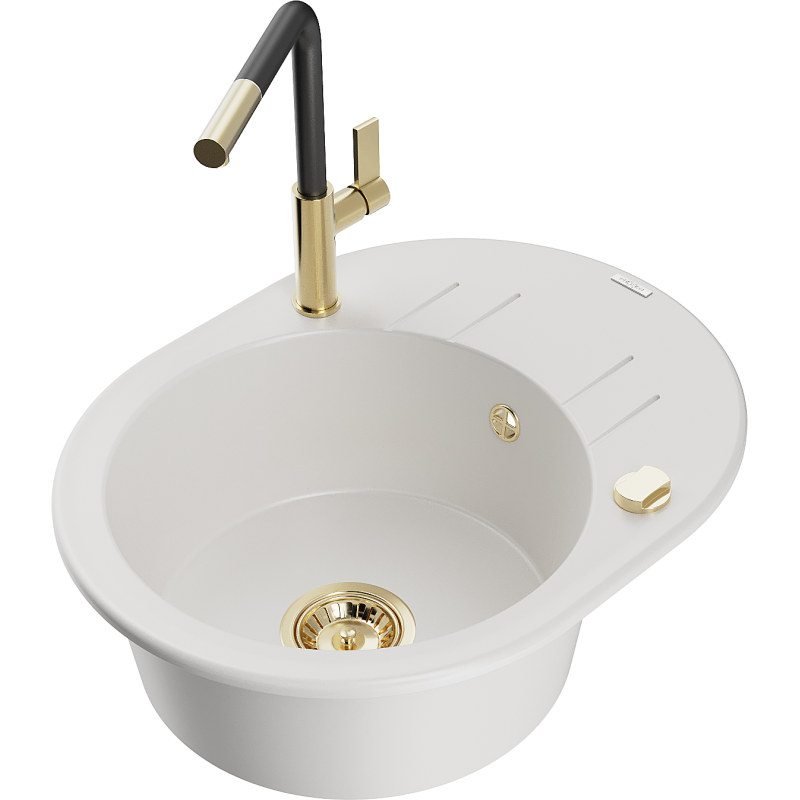 Mexen Kevin granitový dřez 1-komorový s odkapávačem a kuchyňskou baterií Flora, bílý - 6517-20-670401-57-G