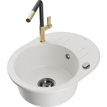 Mexen Kevin granitový dřez s jednou komorou a odkapávačem a kuchyňskou baterií Flora, bílý - 6517-20-670401-57-B