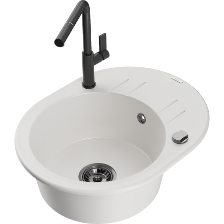 Mexen Kevin granitový dřez s 1 komorou, odkapávačem a kuchyňskou baterií Flora, bílý - 6517-20-670401-70-B