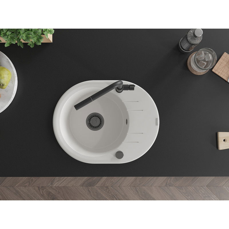 Mexen Kevin granitový dřez s 1 komorou, odkapávačem a kuchyňskou baterií Flora, bílý - 6517-20-670401-70-B