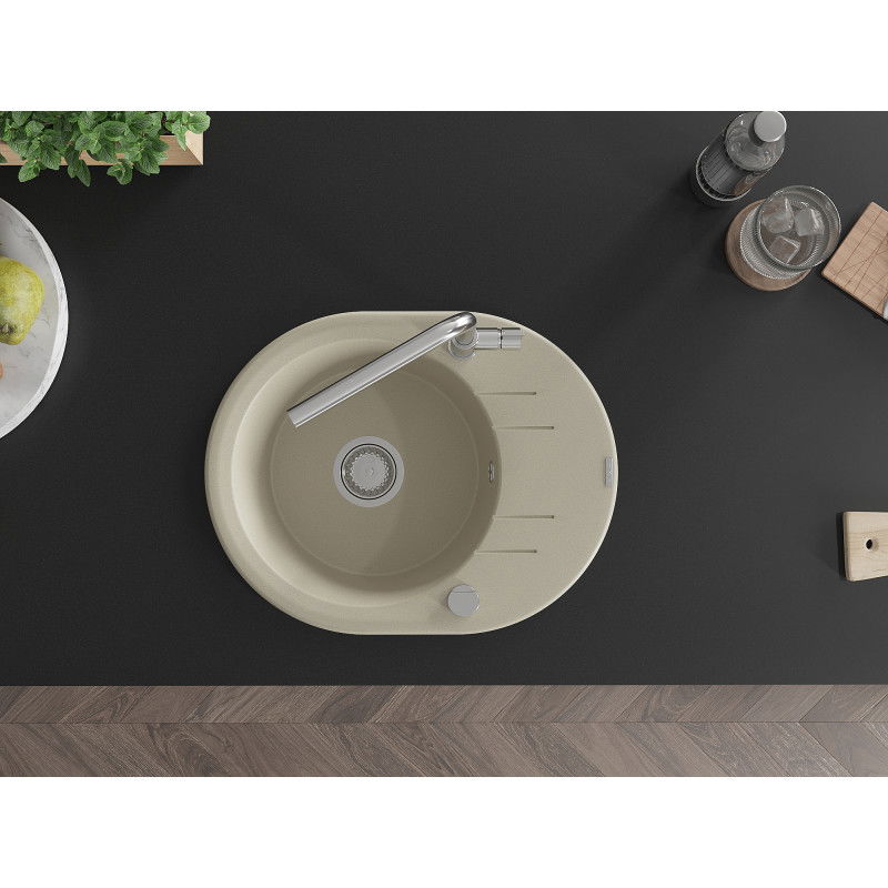 Mexen Kevin granitový dřez 1-komorový s odkapávačem a kuchyňskou baterií Flora, béžový - 6517-69-670401-00