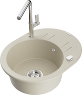 Mexen Kevin granitový dřez 1-komorový s odkapávačem a kuchyňskou baterií Flora, béžový - 6517-69-670401-00