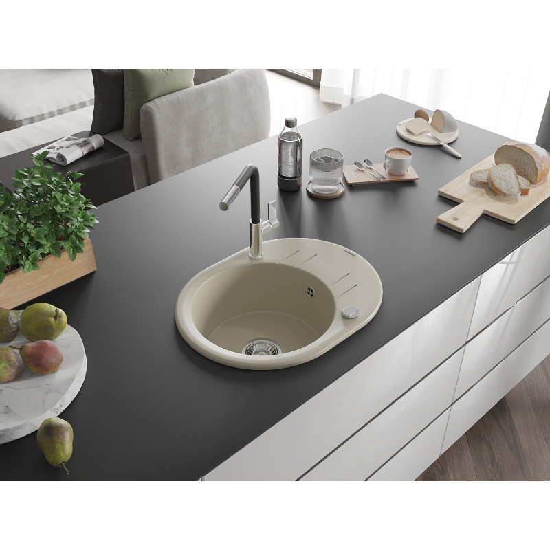 Mexen Kevin granitový dřez s 1 komorou a odkapávačem a kuchyňskou baterií Flora, béžový - 6517-69-670401-07