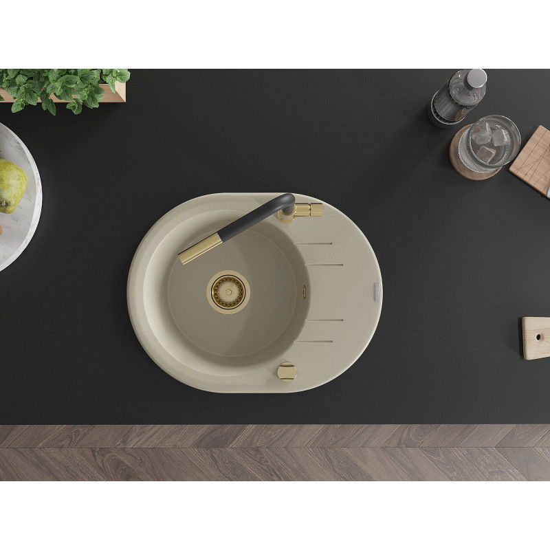 Mexen Kevin granitový dřez 1-komorový s odkapávačem a kuchyňskou baterií Flora, béžový - 6517-69-670401-57-G