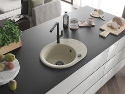 Mexen Kevin granitový dřez 1-komorový s odkapávačem a kuchyňskou baterií Flora, béžový - 6517-69-670401-70-B