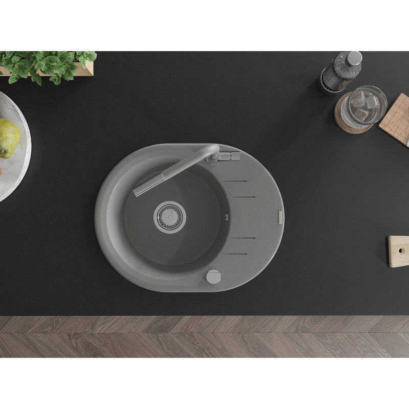 Mexen Kevin granitový dřez 1-komorový s odkapávačem a kuchyňskou baterií Flora, šedý - 6517-71-670401-06