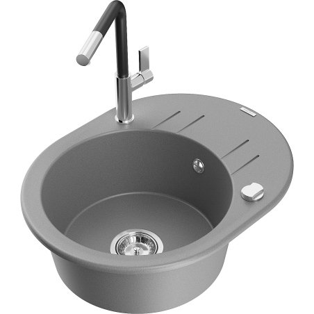 Mexen Kevin granitový dřez 1-komorový s odkapávačem a kuchyňskou baterií Flora, šedý - 6517-71-670401-07