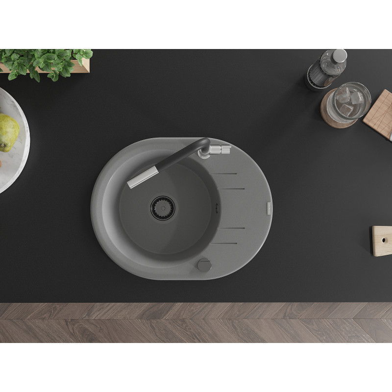 Mexen Kevin granitový dřez 1-komorový s odkapávačem a kuchyňskou baterií Flora, šedý - 6517-71-670401-07-B