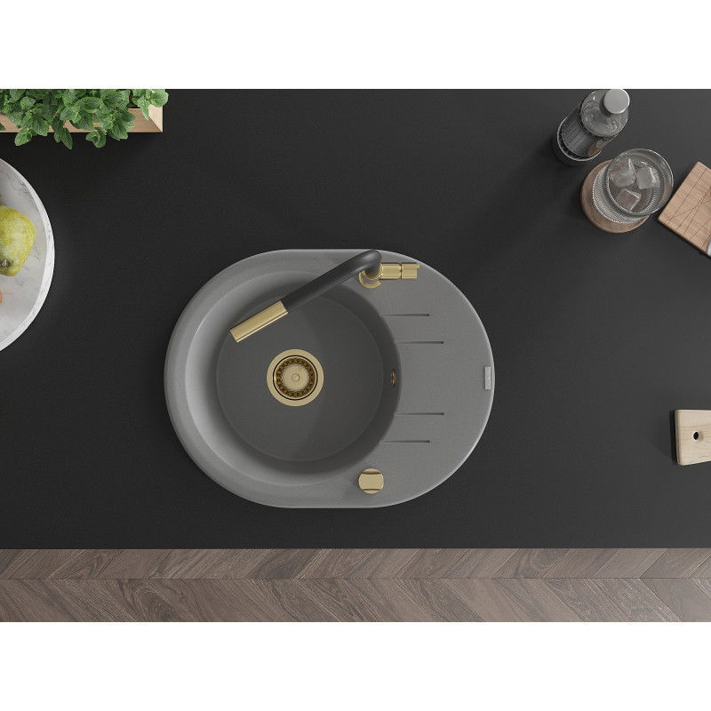 Mexen Kevin granitový dřez 1-komorový s odkapávačem a kuchyňskou baterií Flora, šedý - 6517-71-670401-57-G