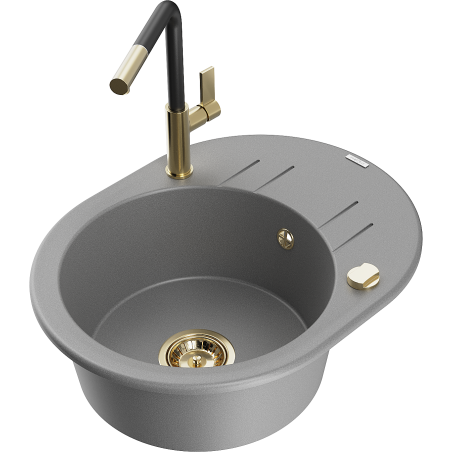 Mexen Kevin granitový dřez 1-komorový s odkapávačem a kuchyňskou baterií Flora, šedý - 6517-71-670401-57-G