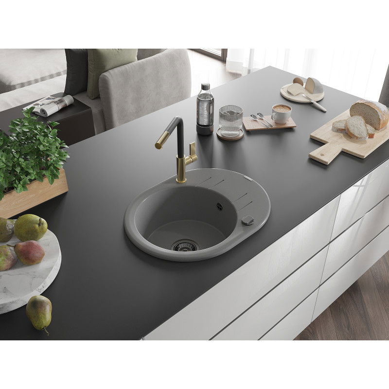 Mexen Kevin granitový dřez 1-komorový s odkapávačem a kuchyňskou baterií Flora, šedý - 6517-71-670401-57-B