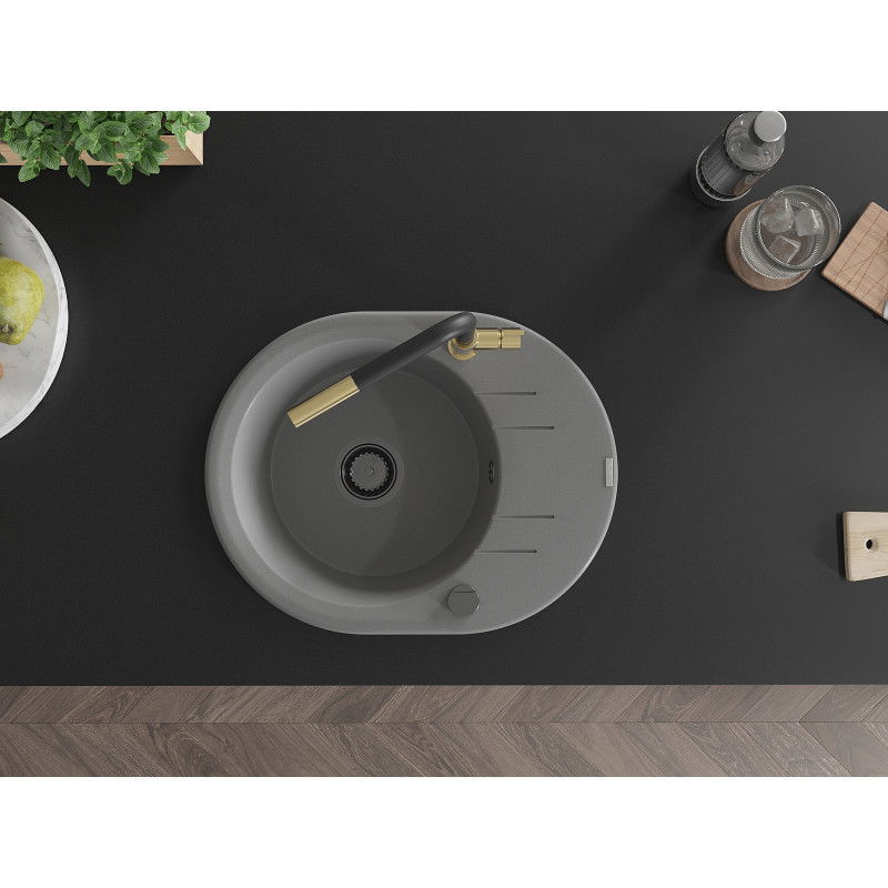 Mexen Kevin granitový dřez 1-komorový s odkapávačem a kuchyňskou baterií Flora, šedý - 6517-71-670401-57-B