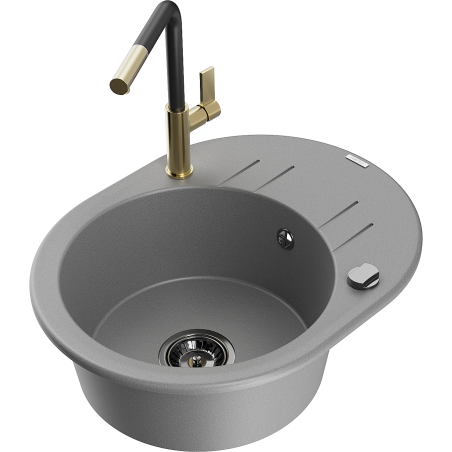 Mexen Kevin granitový dřez 1-komorový s odkapávačem a kuchyňskou baterií Flora, šedý - 6517-71-670401-57-B