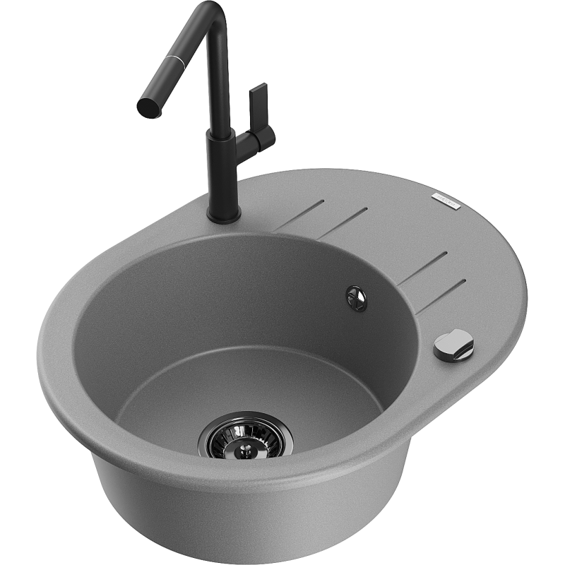 Mexen Kevin granitový dřez 1-komorový s odkapávačem a kuchyňskou baterií Flora, šedý - 6517-71-670401-70-B