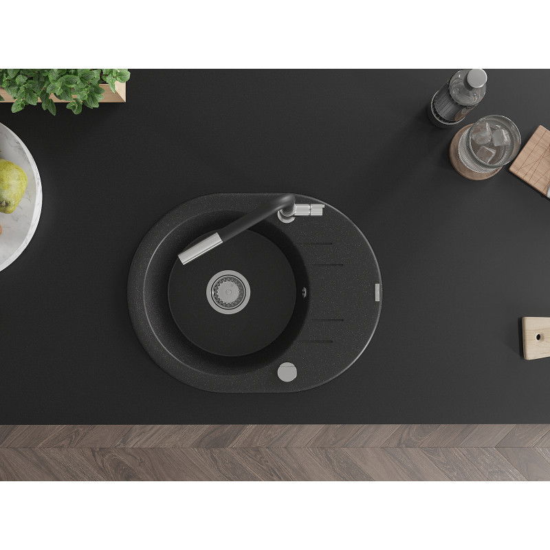 Mexen Kevin granitový dřez 1-komorový s odkapávačem a kuchyňskou baterií Flora, černý/stříbrný metalík - 6517-73-670401-07