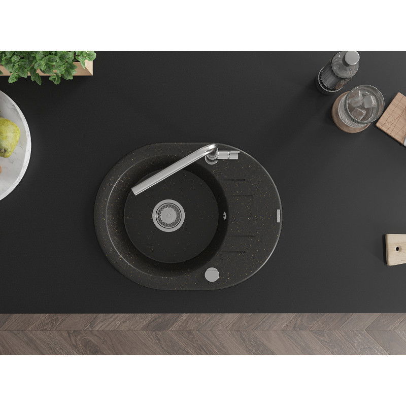 Mexen Kevin granitový dřez 1-komorový s odkapávačem a kuchyňskou baterií Flora, černý/zlatý metalický - 6517-75-670401-00