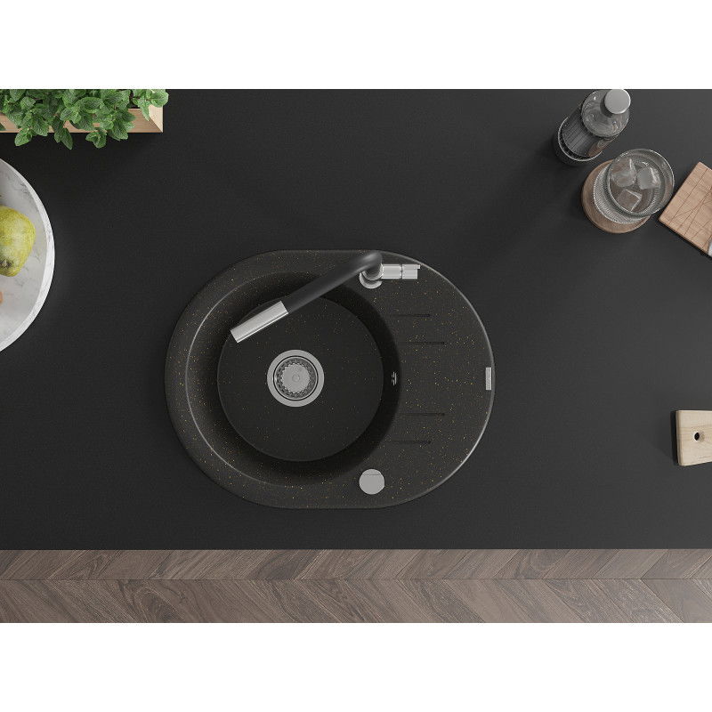 Mexen Kevin žulový dřez s 1 komorou a odkapávačem a kuchyňskou baterií Flora, černý/zlatý metalik - 6517-75-670401-07