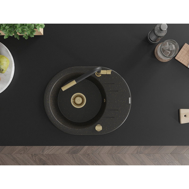 Mexen Kevin granitový dřez 1-komorový s odkapávačem a kuchyňskou baterií Flora, černý/zlatý metalik - 6517-75-670401-57-G