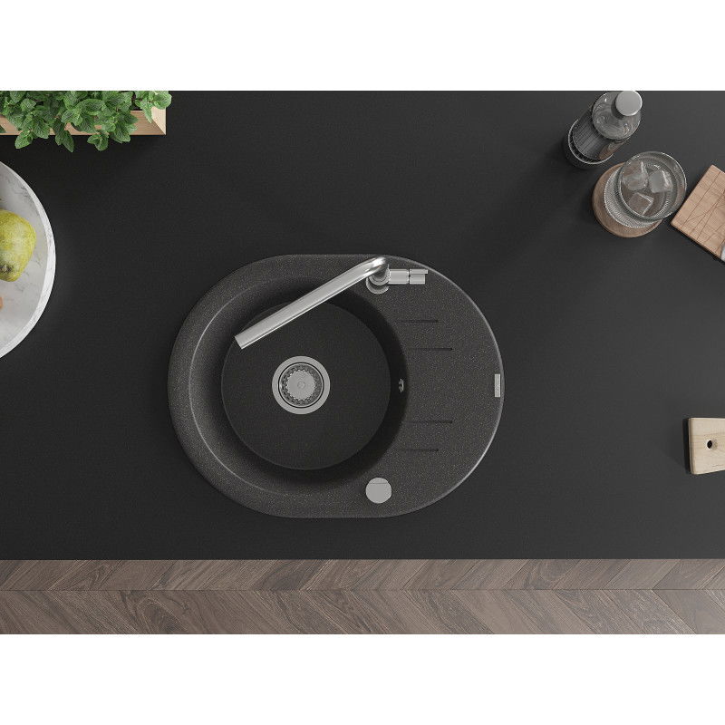 Mexen Kevin granitový dřez s jednou komorou, odkapávačem a kuchyňskou baterií Flora, černý s tečkami - 6517-76-670401-00