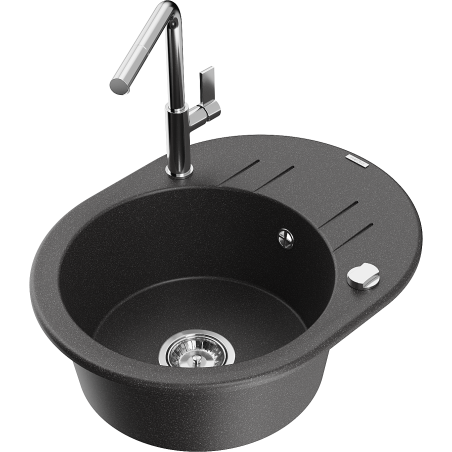 Mexen Kevin granitový dřez s jednou komorou, odkapávačem a kuchyňskou baterií Flora, černý s tečkami - 6517-76-670401-00