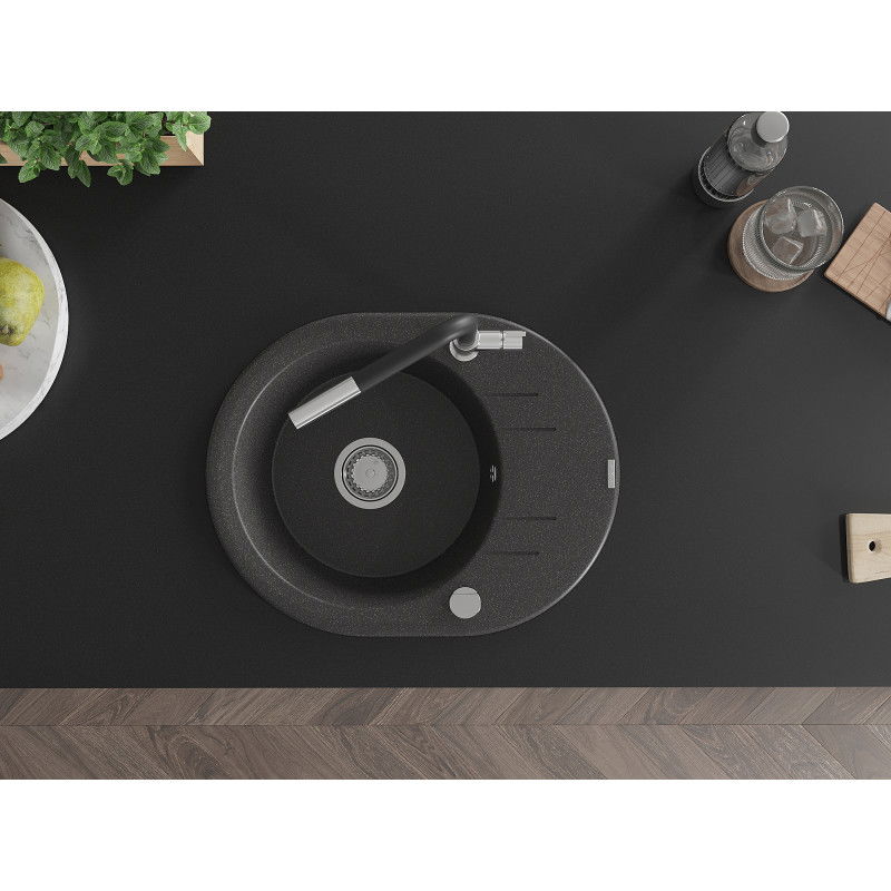 Mexen Kevin granitový dřez 1-komorový s odkapávačem a kuchyňskou baterií Flora, černý skvrnitý - 6517-76-670401-07