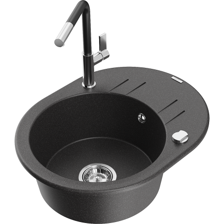 Mexen Kevin granitový dřez 1-komorový s odkapávačem a kuchyňskou baterií Flora, černý skvrnitý - 6517-76-670401-07